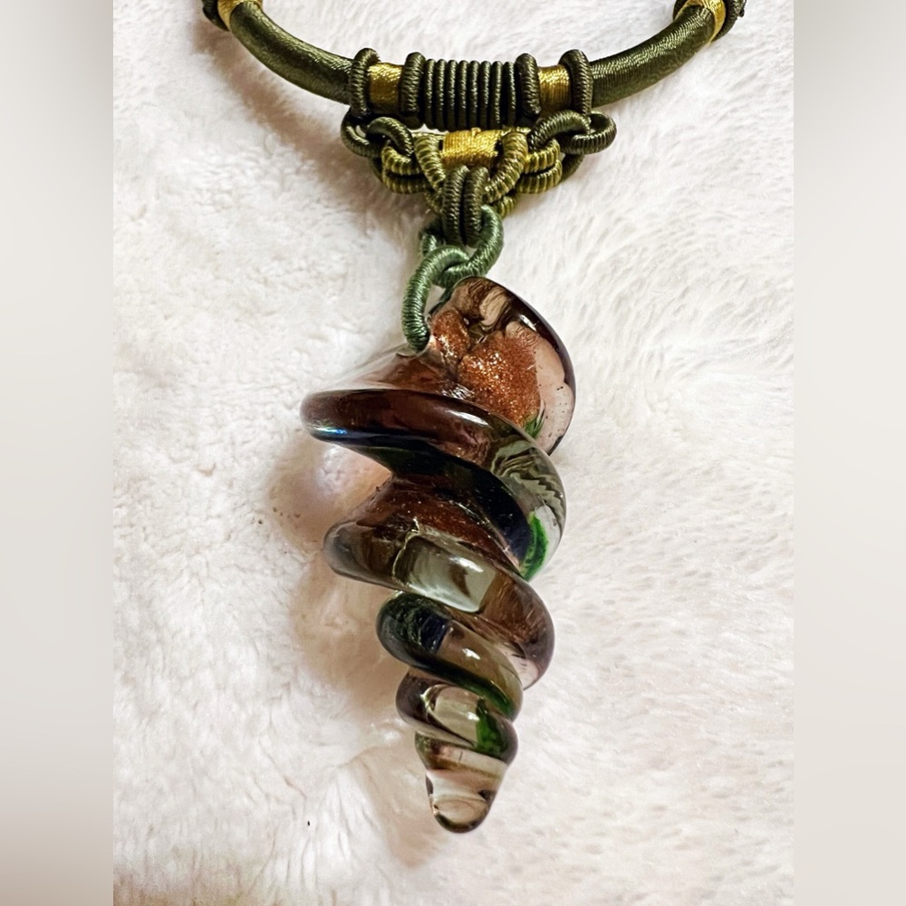 Green Silk Thread Cord with Purple Sparkling Glass Pendant Necklace